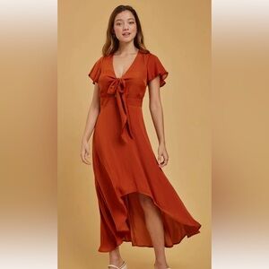 Francesca's Collections Orange Wrap High-Low Dress